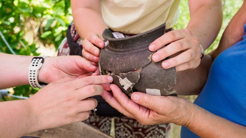 A partially reconstructed 1st century pot at Smallhythe Place in 2022